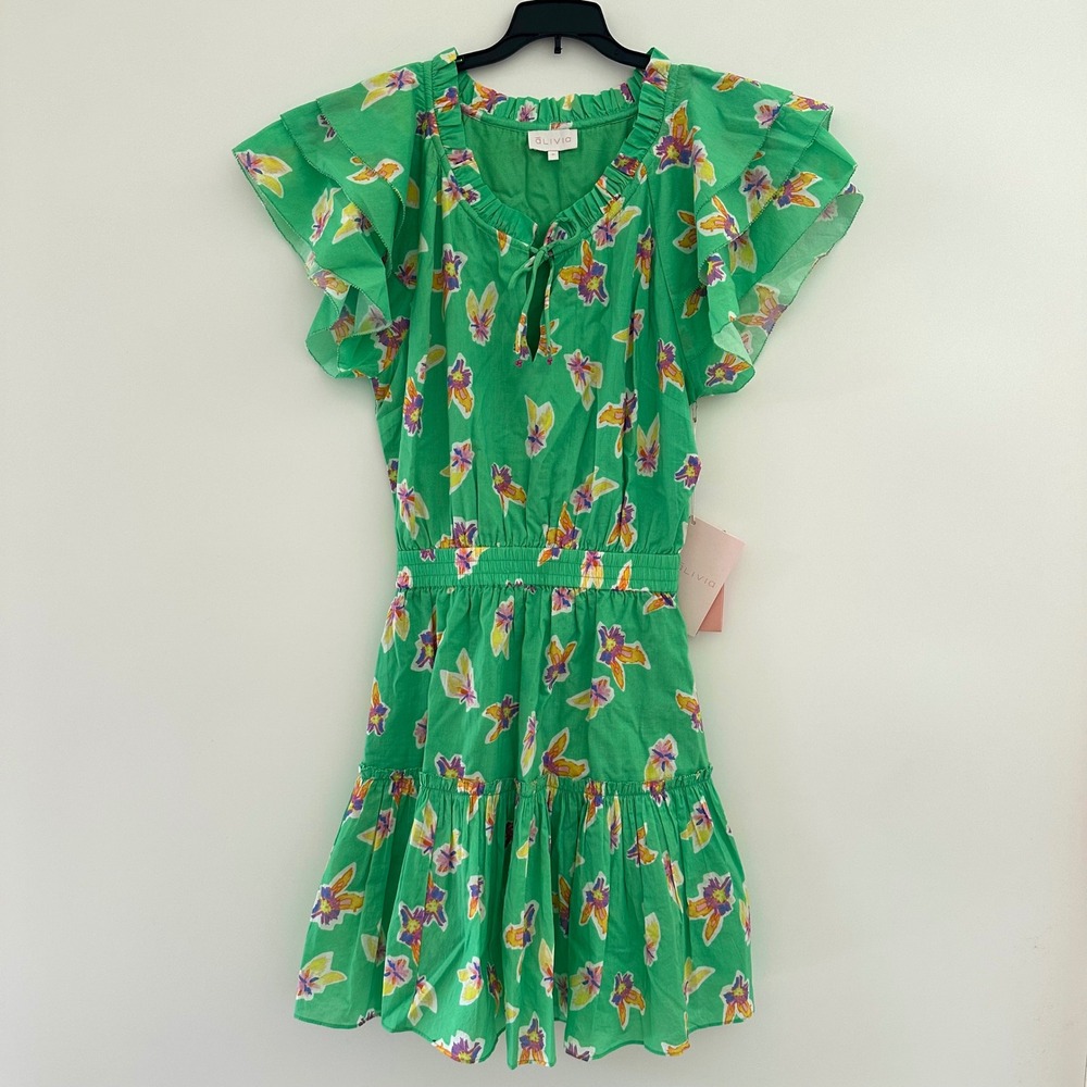 Alivia Victoria Green Floral Ruffle Mini Dress Medium Boho Tiered Vacation